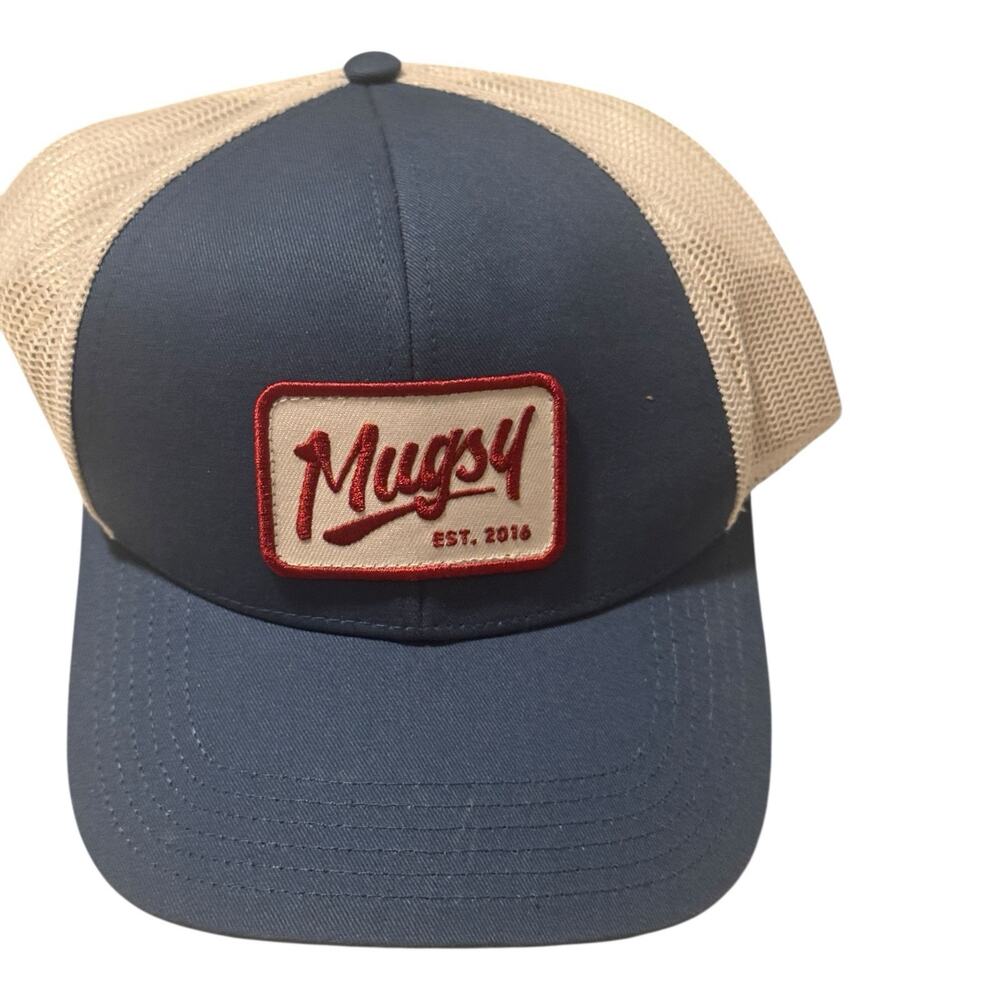 Mugsy Jeans Trucker Hat Blue Cream Mesh Snapback Patch Logo Adjustable Cap